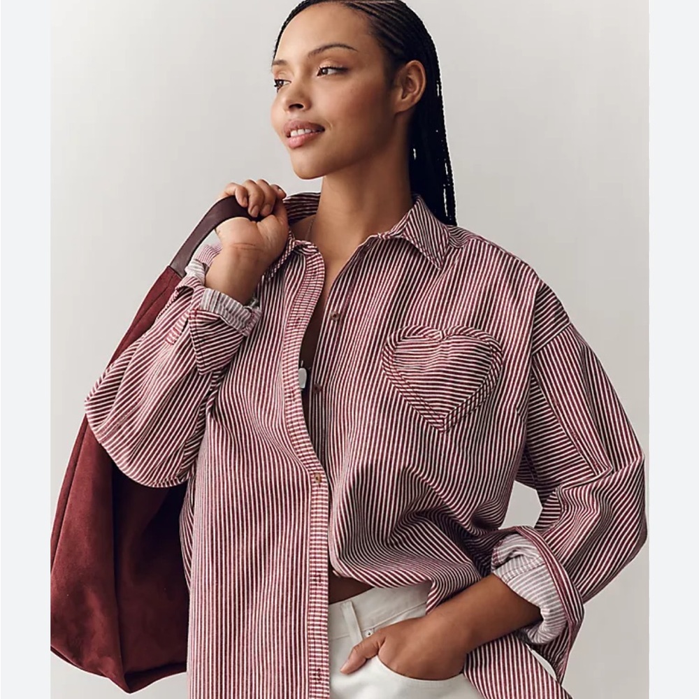 Pilcro Heart Pocket Long-Sleeve Buttondown Shirt, Sz XS